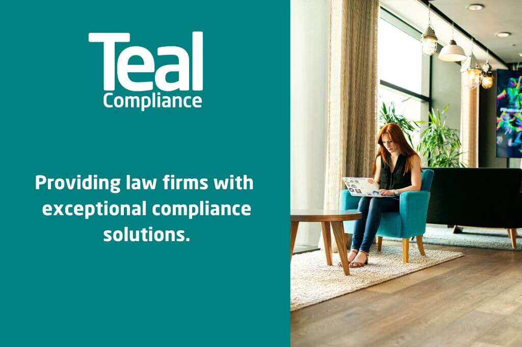 Woman sat on teal chair on her laptop. Teal compliance logo and words "Providing law firms with exceptional compliance solutions."