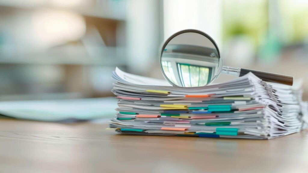 Magnifying glass on top of a stack of paperwork